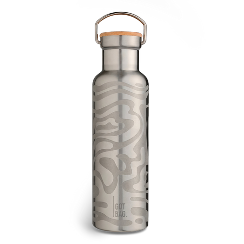 BOTTLE Accessoire aus Edelstahl in Frontansicht mit Holzdeckel, Metallgriff und wellenförmigem Muster.