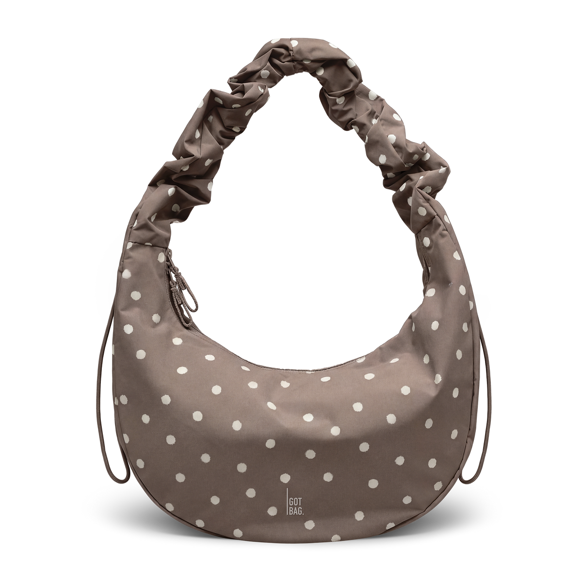 MOONBAGRUFFLEDOT Tasche in oyster (klassisches Taupe-Braun) mit weißen Punkten, Frontansicht.