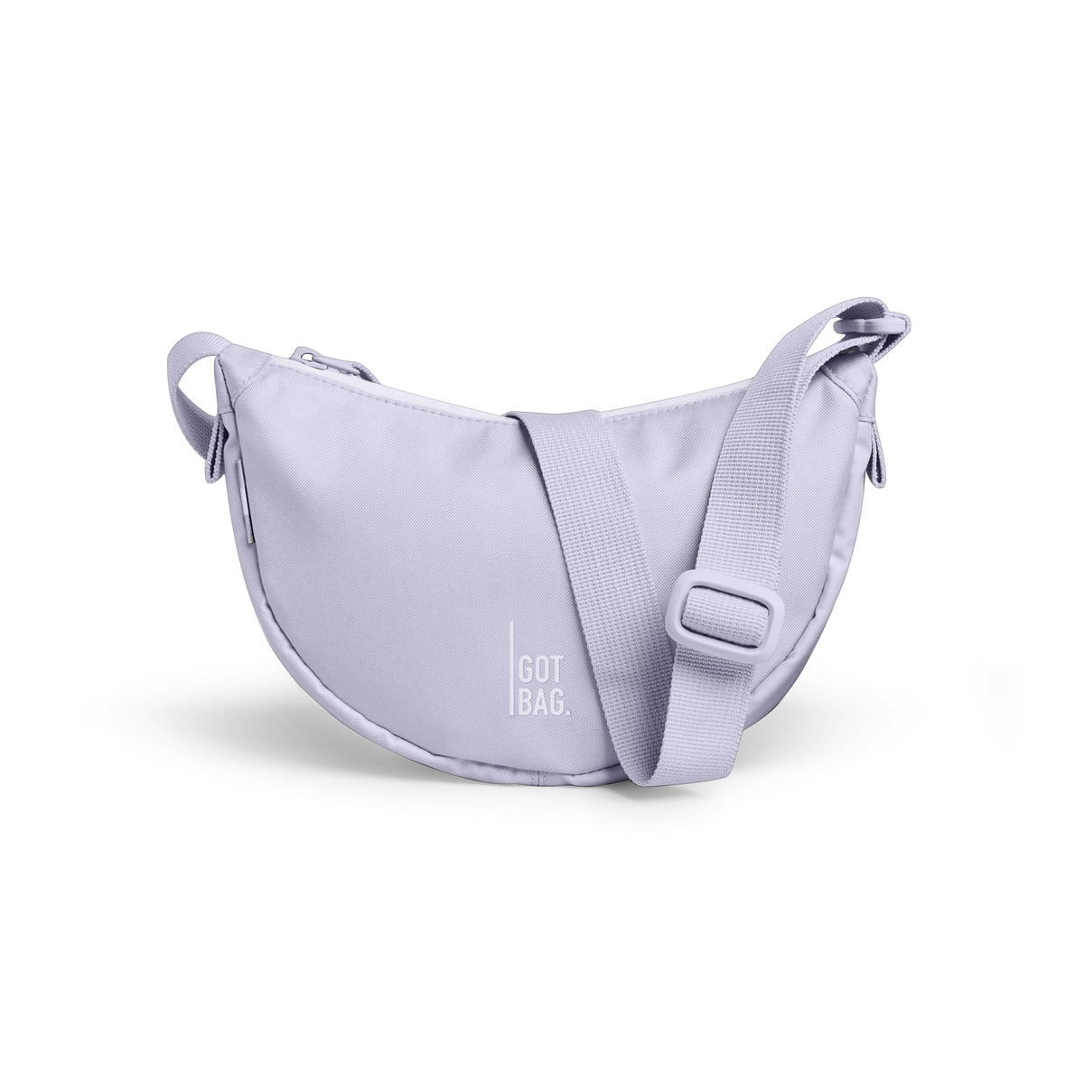 MOON BAG MINI Tasche in purple coral (pastellfarbenes helles Flieder) als Studioaufnahme in Frontansicht.