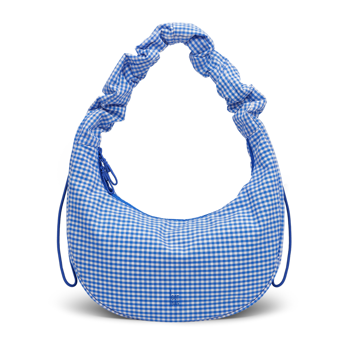 MOON BAG RUFFLE Tasche in vichy cobalt (blau-beige kariert) als Studioaufnahme in Frontansicht.