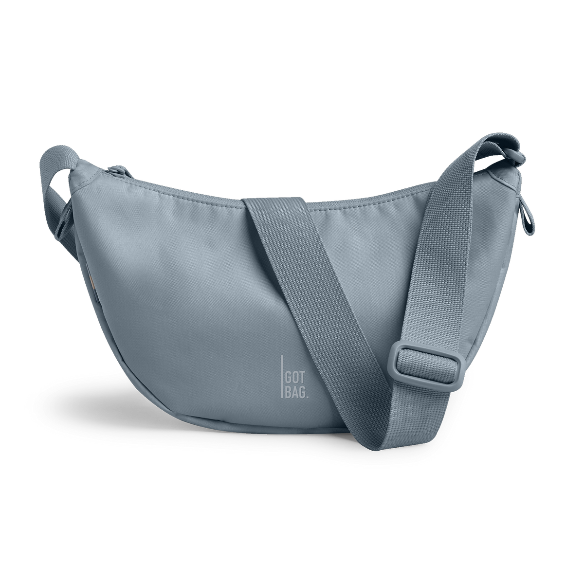 MOON BAG SMALL Monochrome Edition Tasche in marlin (grau-blau) als Studioaufnahme in Frontansicht.