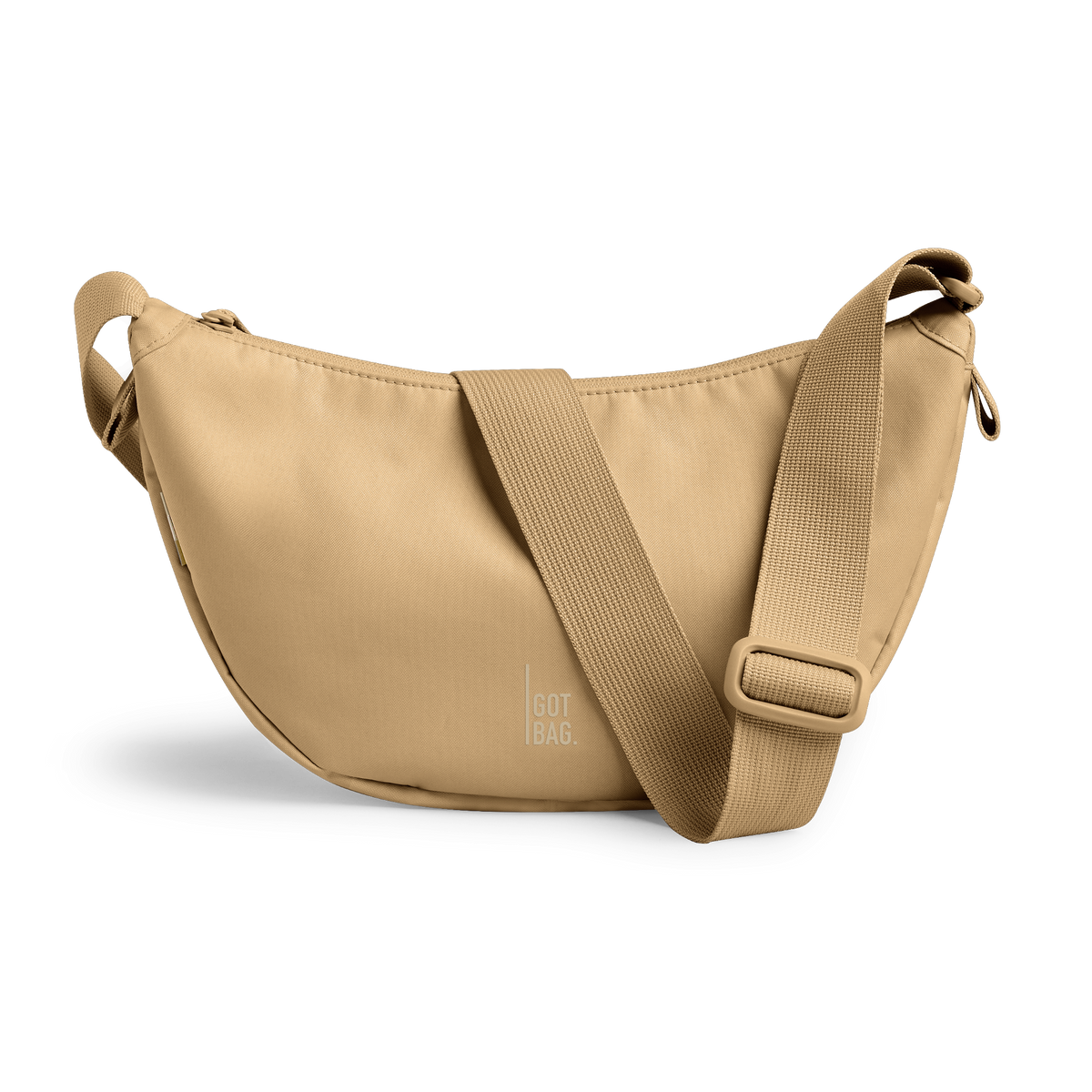 MOON BAG SMALL Tasche in sea moss (warmes Beige-Khaki) als Studioaufnahme in Frontansicht.