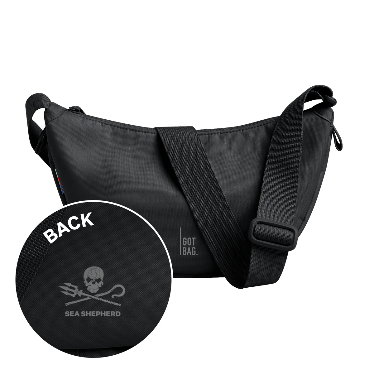 MOON BAG SMALL Sea Shepherd Tasche in black (Schwarz) als Studioaufnahme in Frontansicht.