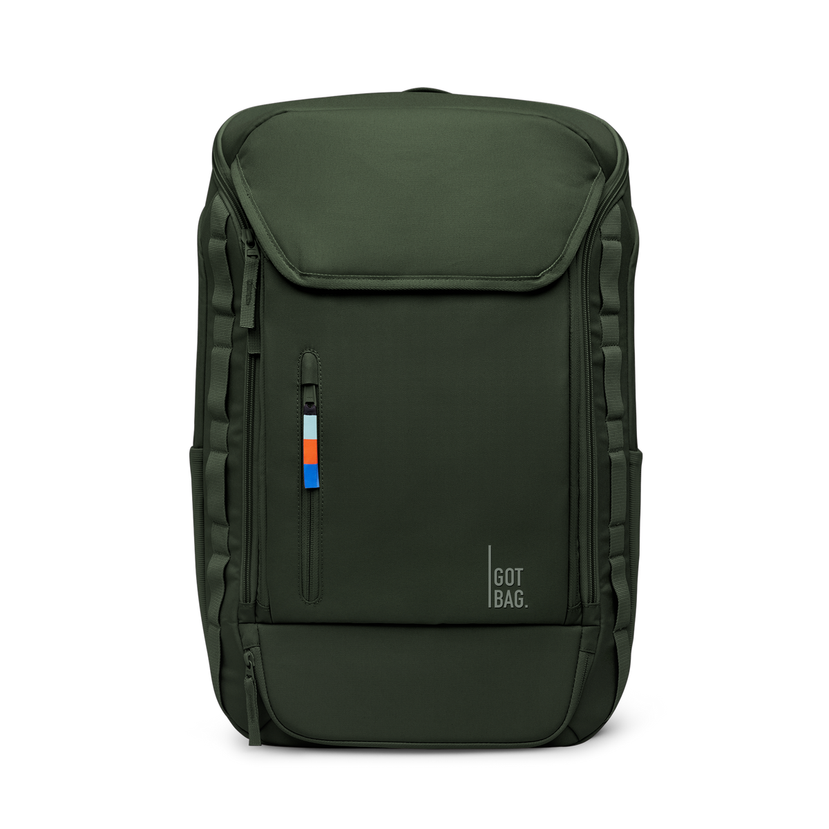 PRO PACK TRAVEL Rucksack in algae (Dunkelgrün mit Graustich) als Studioaufnahme in Frontansicht.