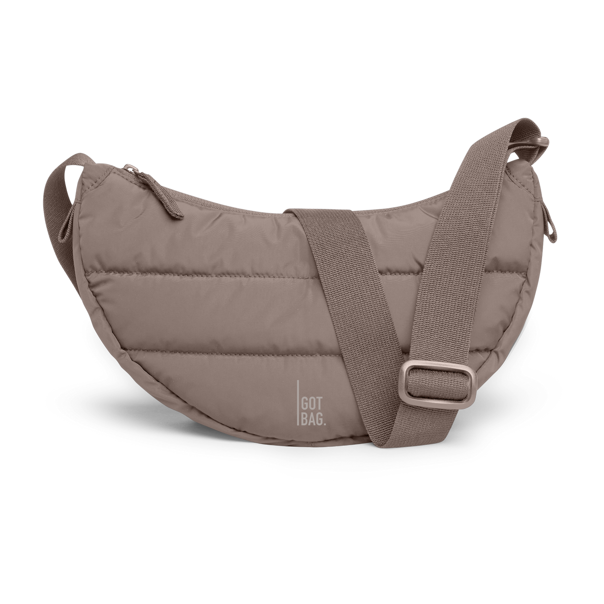 PUFFER MOON BAG SMALL Tasche in oyster (klassisches Taupe-Braun) als Studioaufnahme in Frontansicht.