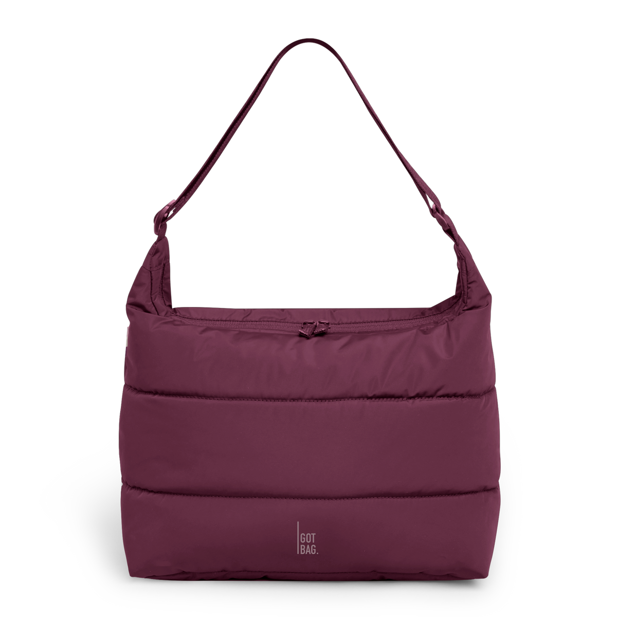 PUFFER SQUARE BAG Tasche in kraken (Weinrot) als Studioaufnahme in Frontansicht.