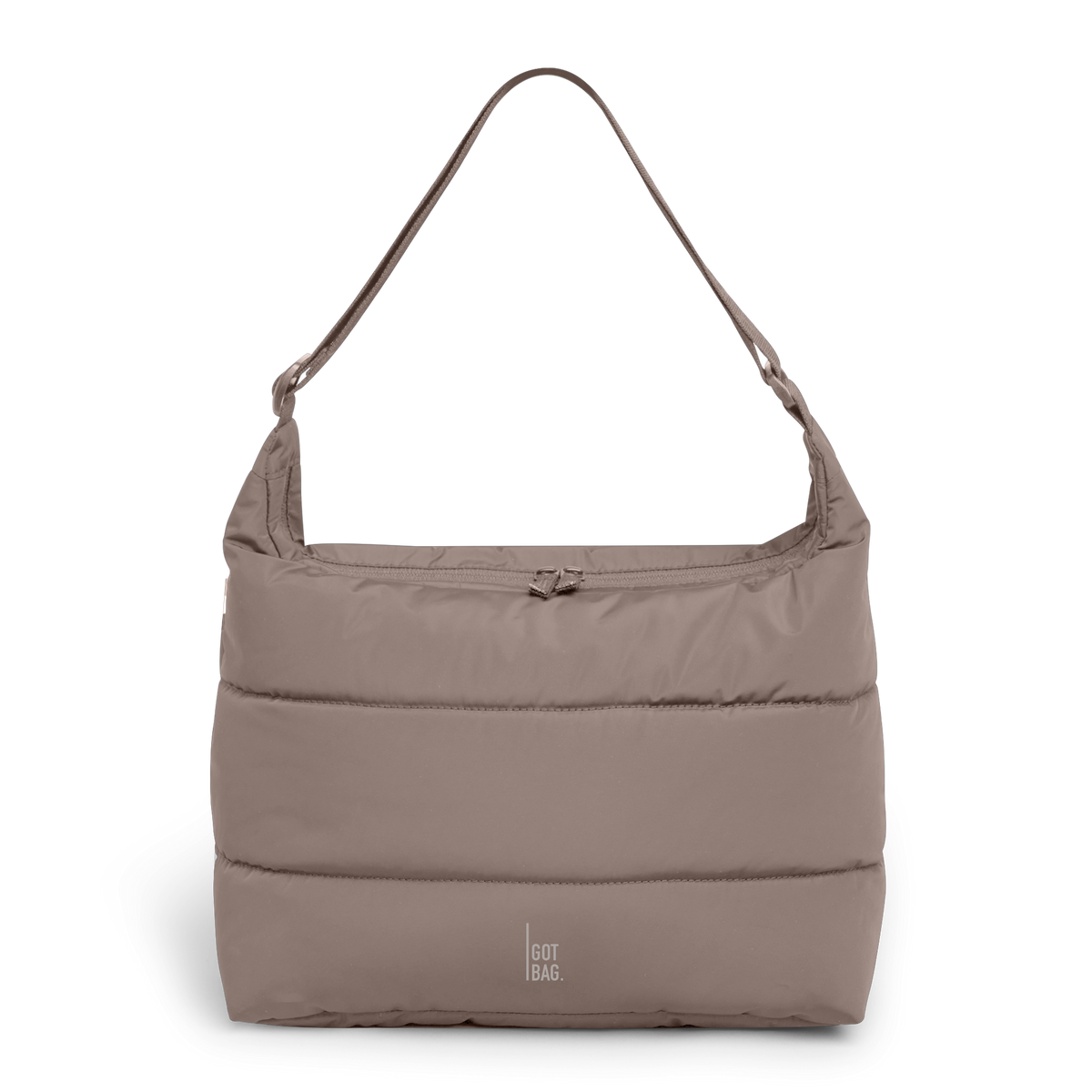 PUFFER SQUARE BAG Tasche in oyster (klassisches Taupe-Braun) als Studioaufnahme in Frontansicht.