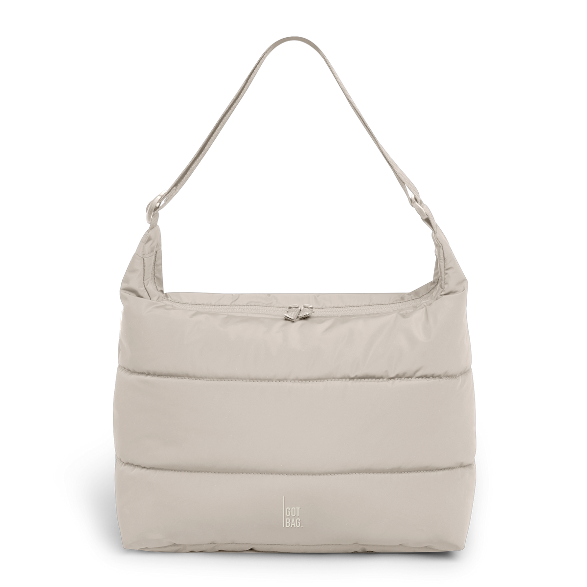 PUFFER SQUARE BAG Tasche in scallop (helles Beige) als Studioaufnahme in Frontansicht.