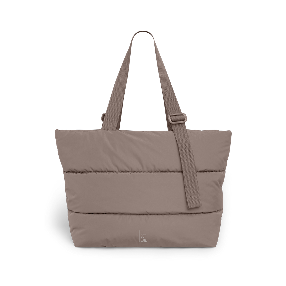 PUFFER TOTE BAG Tasche in oyster (klassisches Taupe-Braun) als Studioaufnahme in Frontansicht.