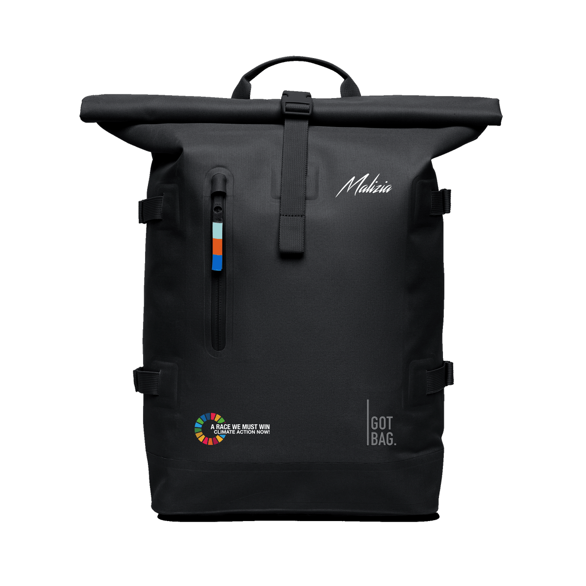 ROLLTOP Rucksack in black (Schwarz) als Frontansicht.