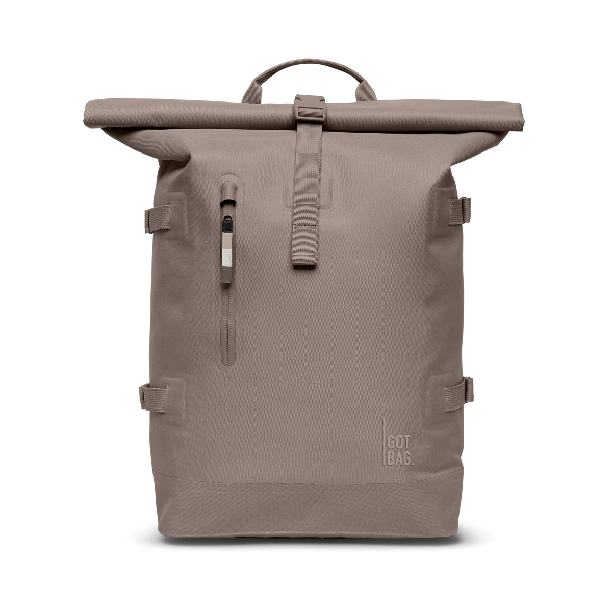 ROLLTOP Rucksack in oyster (klassisches Taupe-Braun) in Frontansicht.