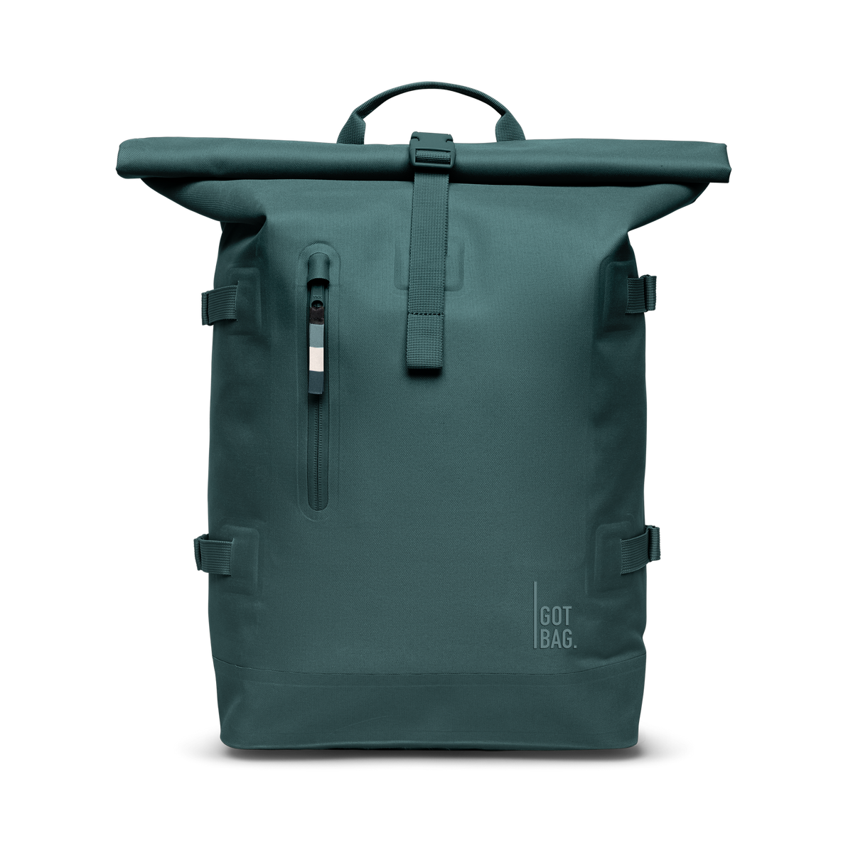ROLLTOP Rucksack in sea teal (kühles Türkisgrün) in Frontansicht.
