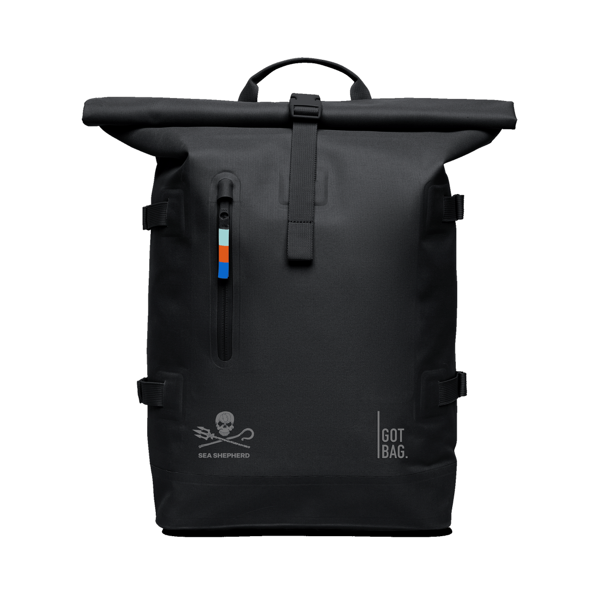 ROLLTOP Rucksack in black (Schwarz) in Frontansicht.