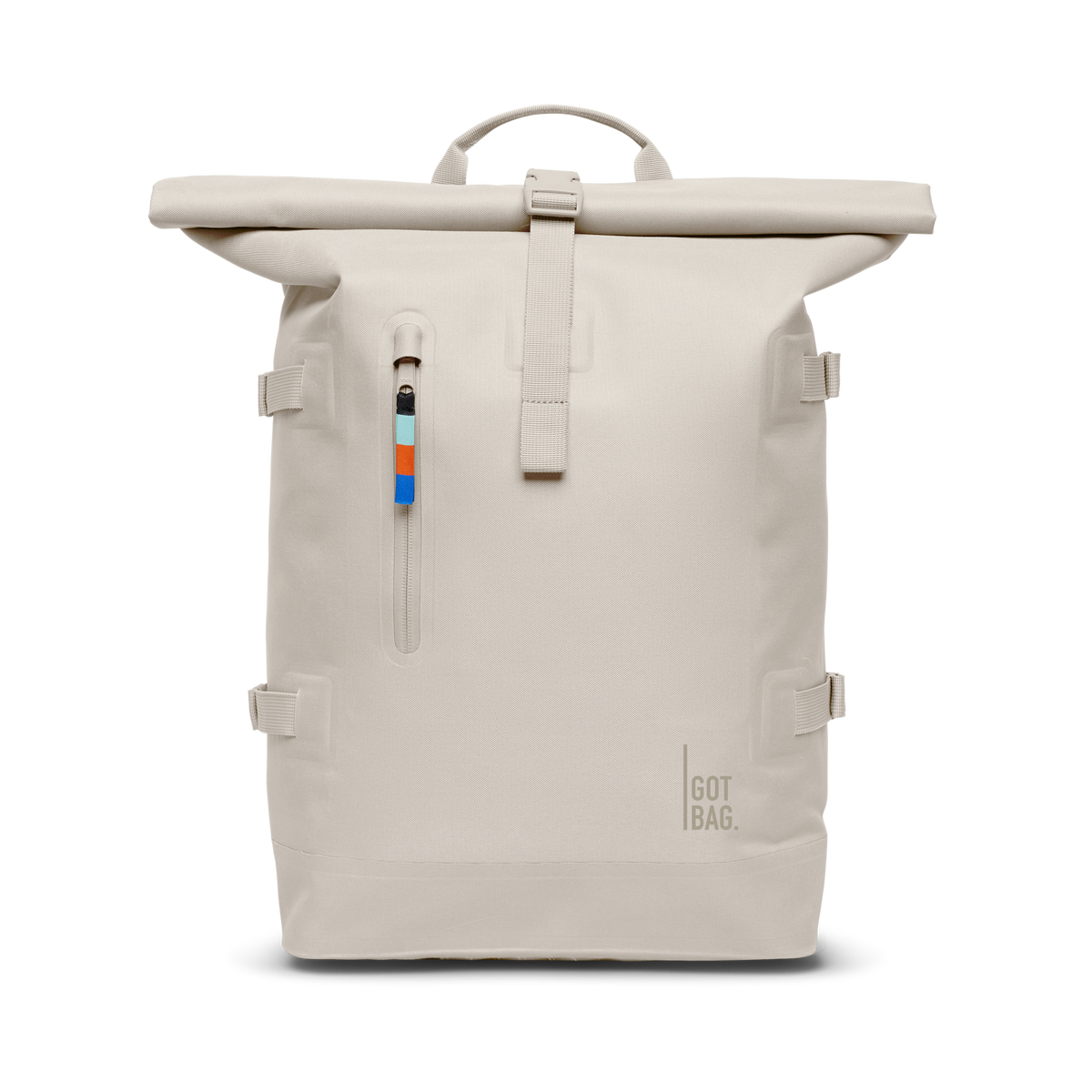 ROLLTOP Rucksack in soft shell (warmes Cremeweiß) als Studioaufnahme in Frontansicht.