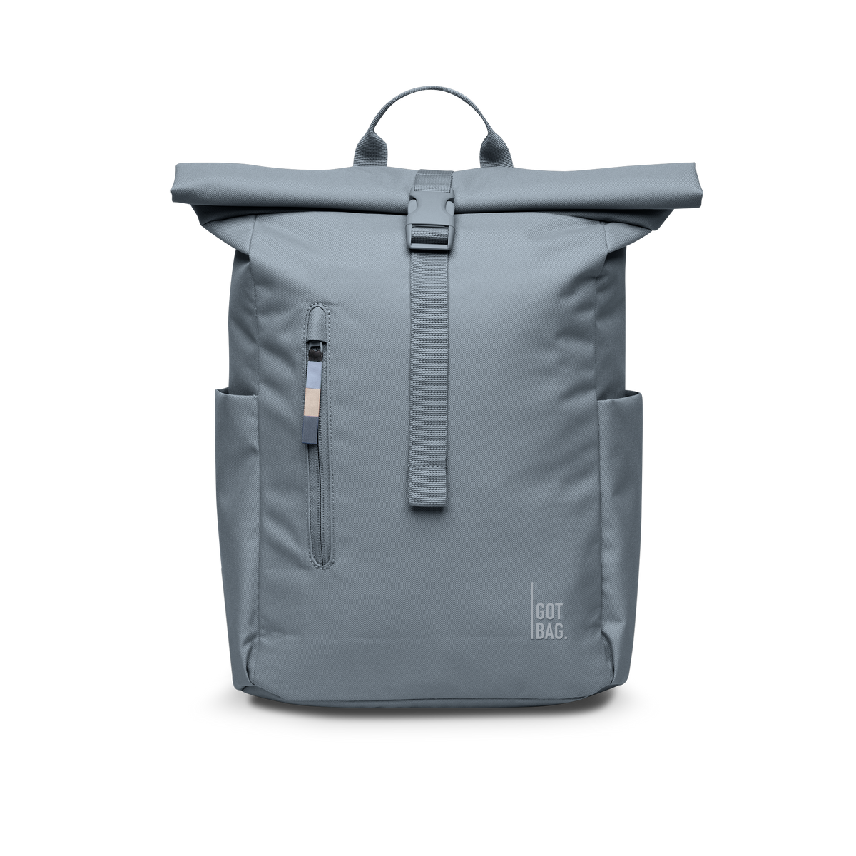ROLLTOP EASY SMALL Monochrome Edition Rucksack in marlin (grau-blau) als Studioaufnahme in Frontansicht.