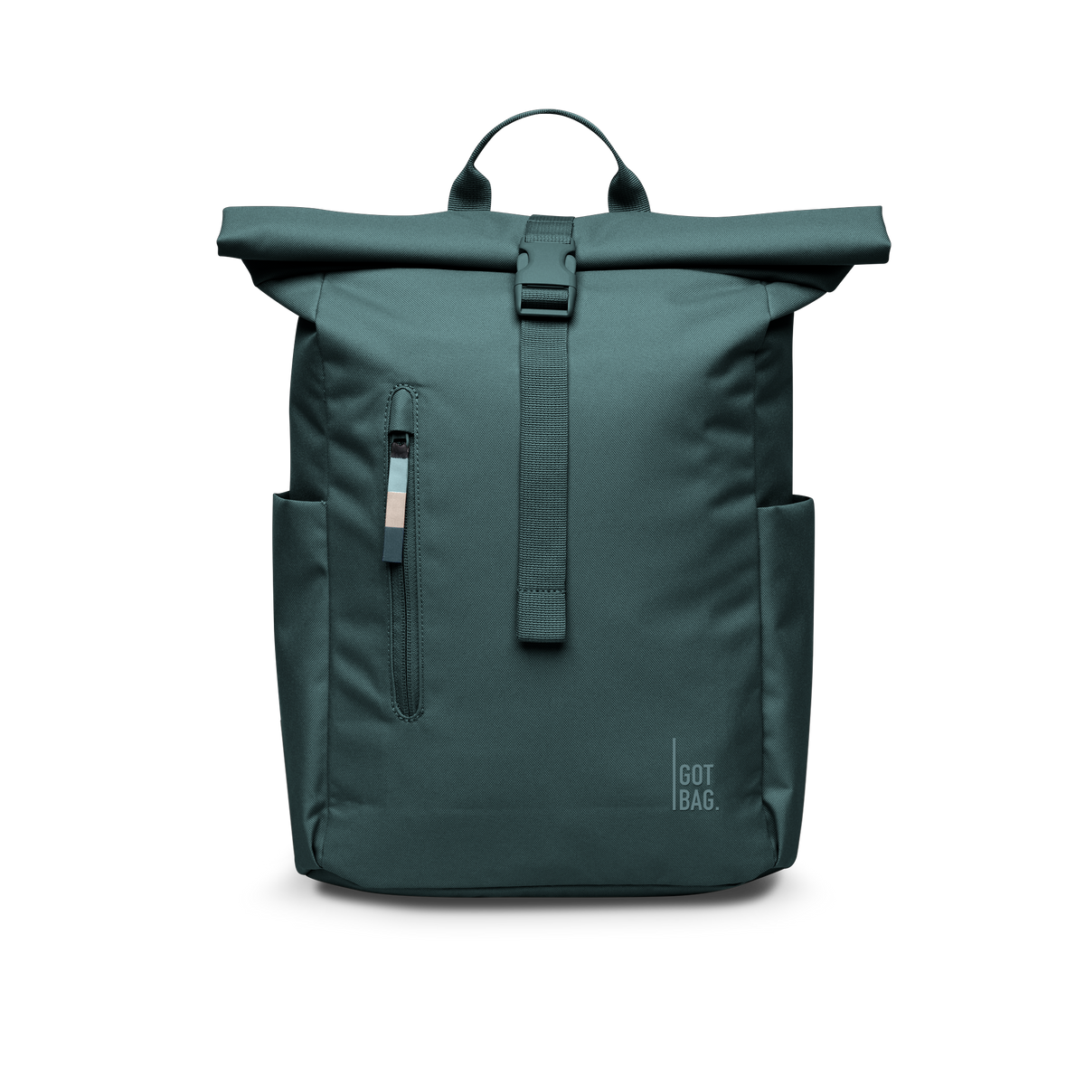 ROLLTOP EASY SMALL Monochrome Edition Rucksack in sea teal (kühles Türkisgrün) als Studioaufnahme in Frontansicht.
