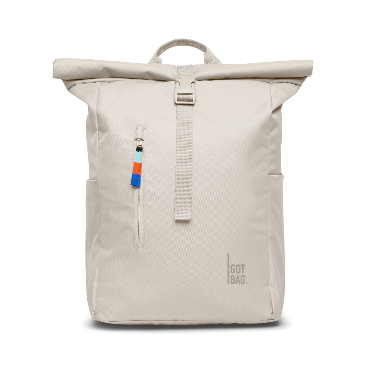 ROLLTOP EASY Rucksack in soft shell (warmes Cremeweiß) als Frontansicht.