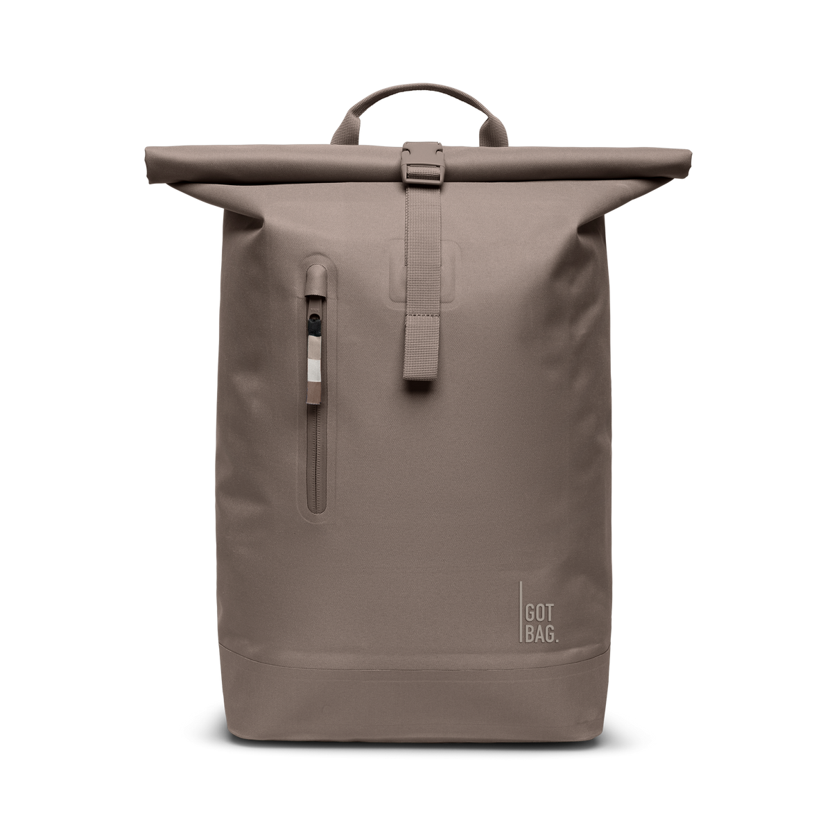 ROLLTOP LITE Rucksack in oyster (klassisches Taupe-Braun) als Studioaufnahme in Frontansicht.