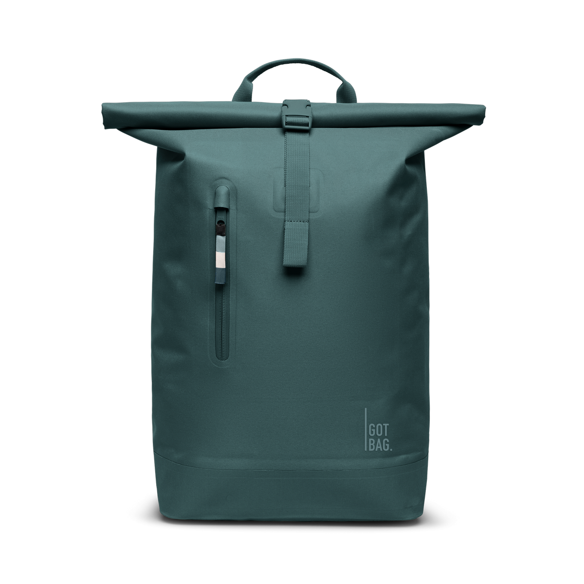 ROLLTOP LITE MONOCHROME EDITION Rucksack in sea teal (kühles Türkisgrün) als Frontansicht.
