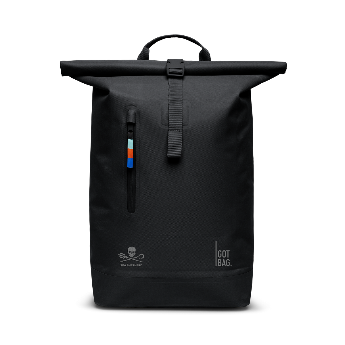 ROLLTOP LITE 2.0 Sea Shepherd Rucksack in black (Schwarz) als Studioaufnahme in Frontansicht.