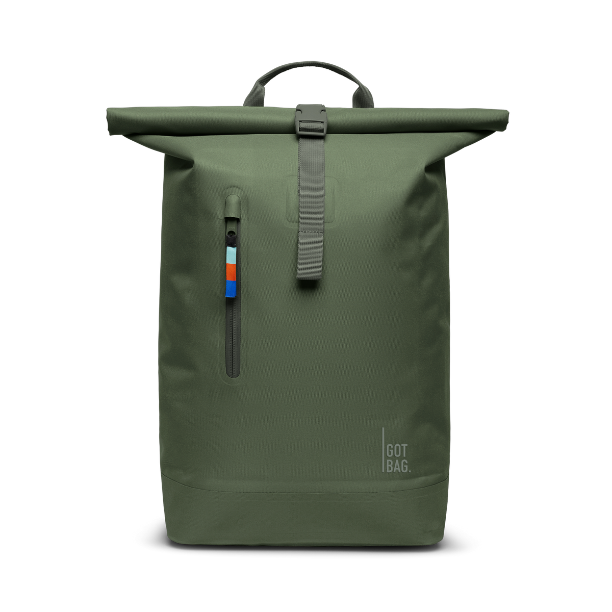 ROLLTOP LITE Rucksack in algae (Dunkelgrün mit Graustich) als Studioaufnahme in Frontansicht.