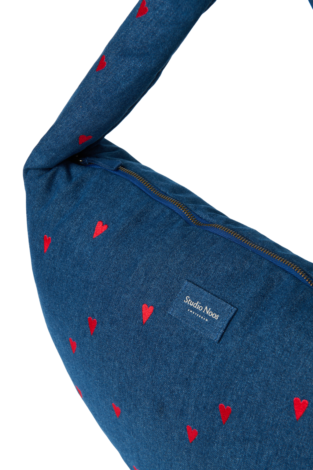 Denim Cross Body Bag | Dark Blue Red Hearts