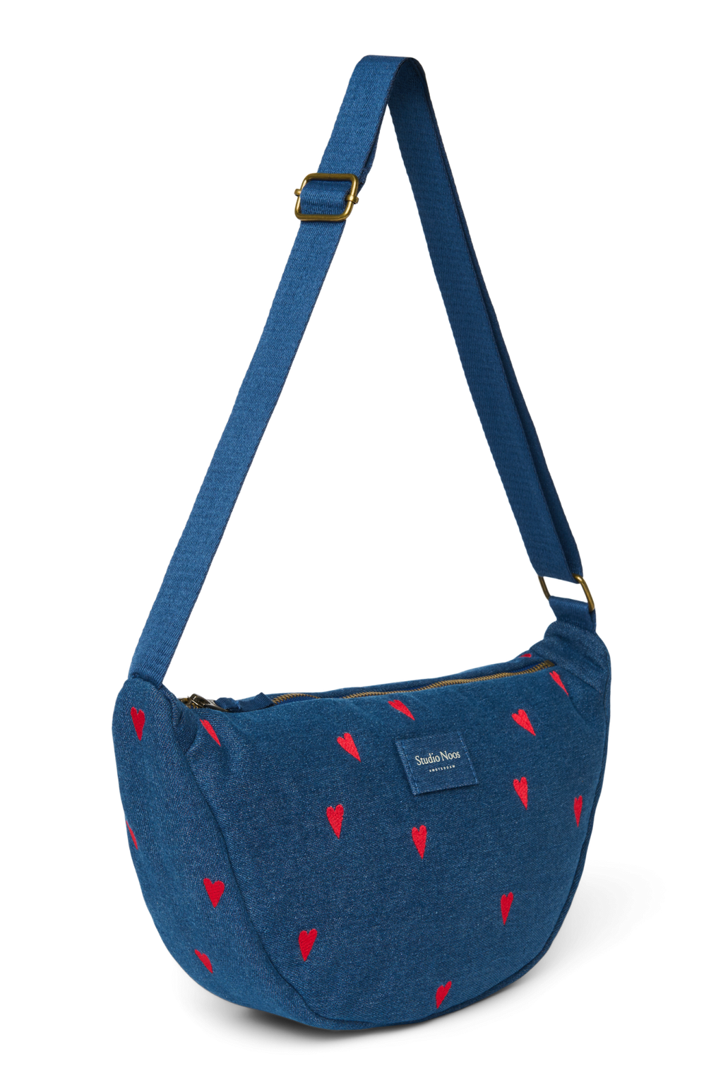 Denim Adult Fanny Pack | Dark Blue Red Hearts