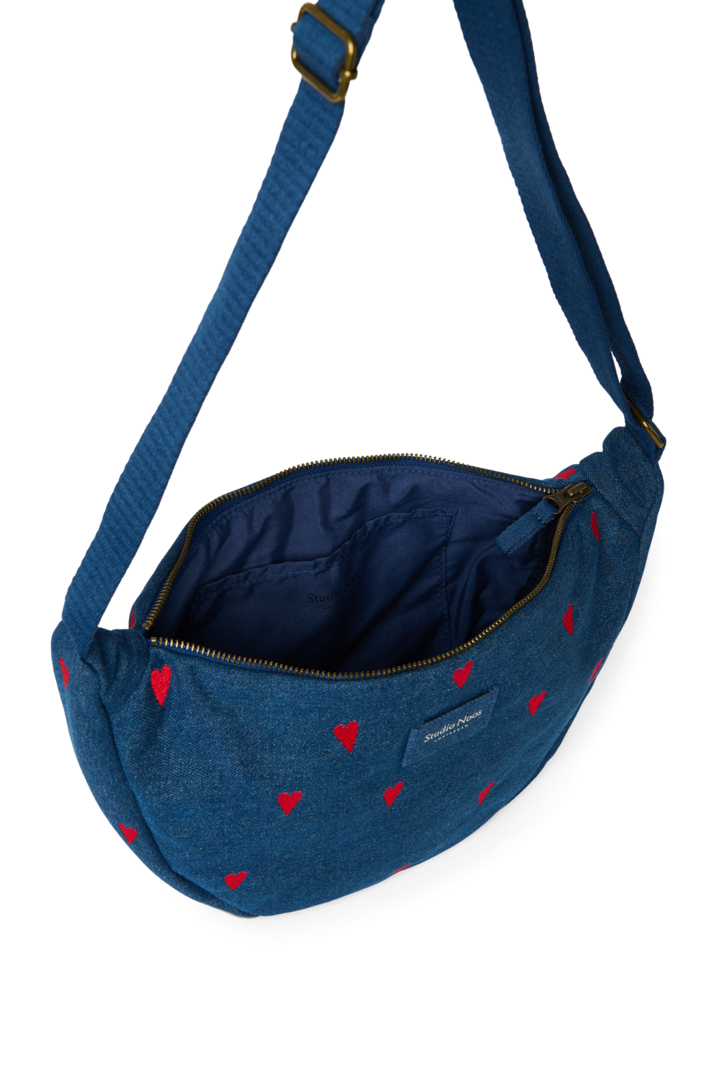 Denim Adult Fanny Pack | Dark Blue Red Hearts