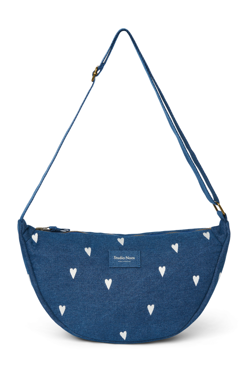 Denim Adult Fanny Pack | Dark Blue White Hearts