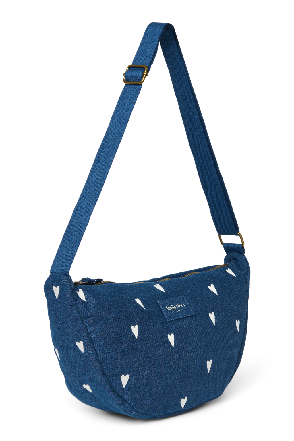 Denim Adult Fanny Pack | Dark Blue White Hearts