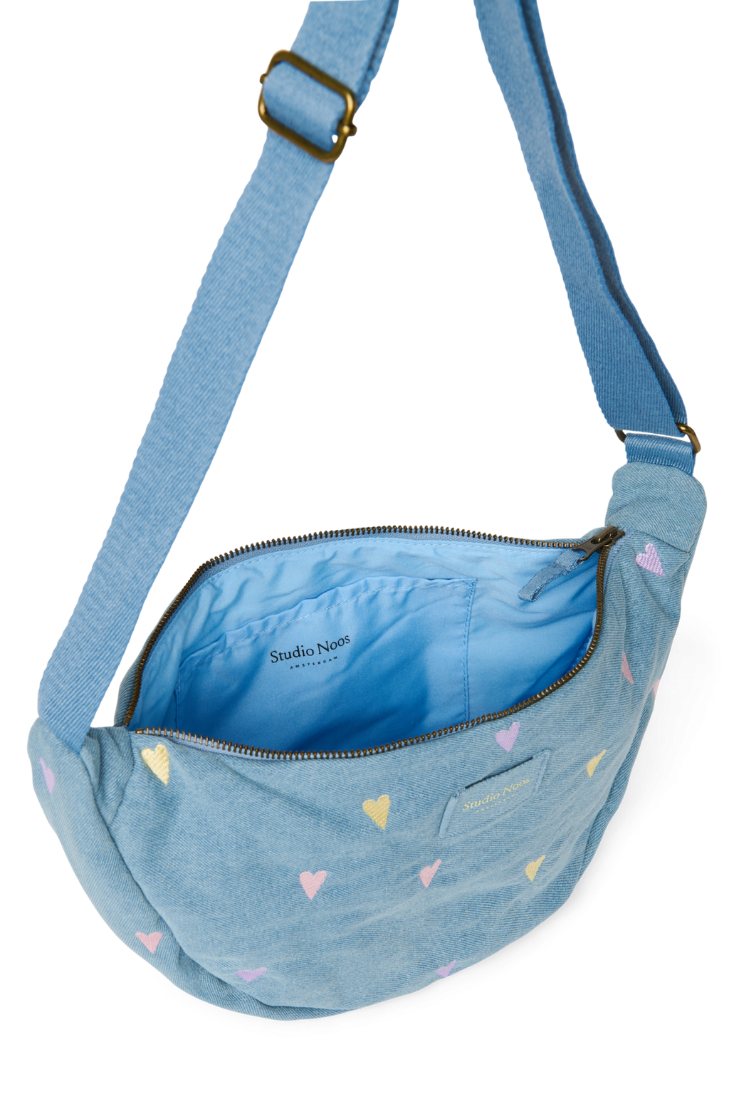 Denim Adult Fanny Pack | Light Blue Hearts