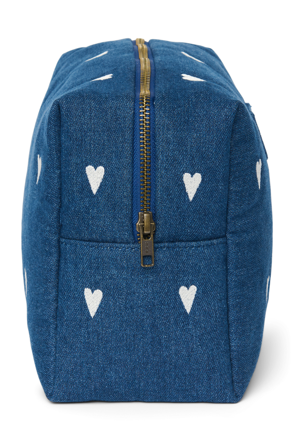 Denim Toiletry Bag | Dark Blue White Hearts