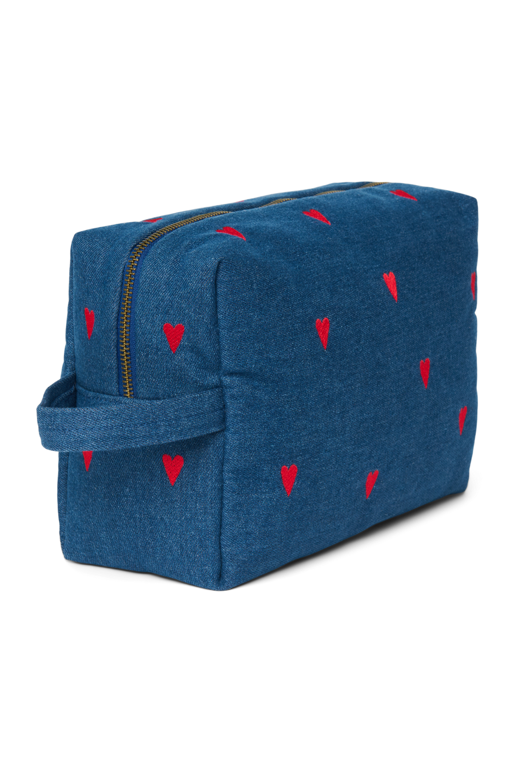 Denim Toiletry Bag | Dark Blue Red Hearts