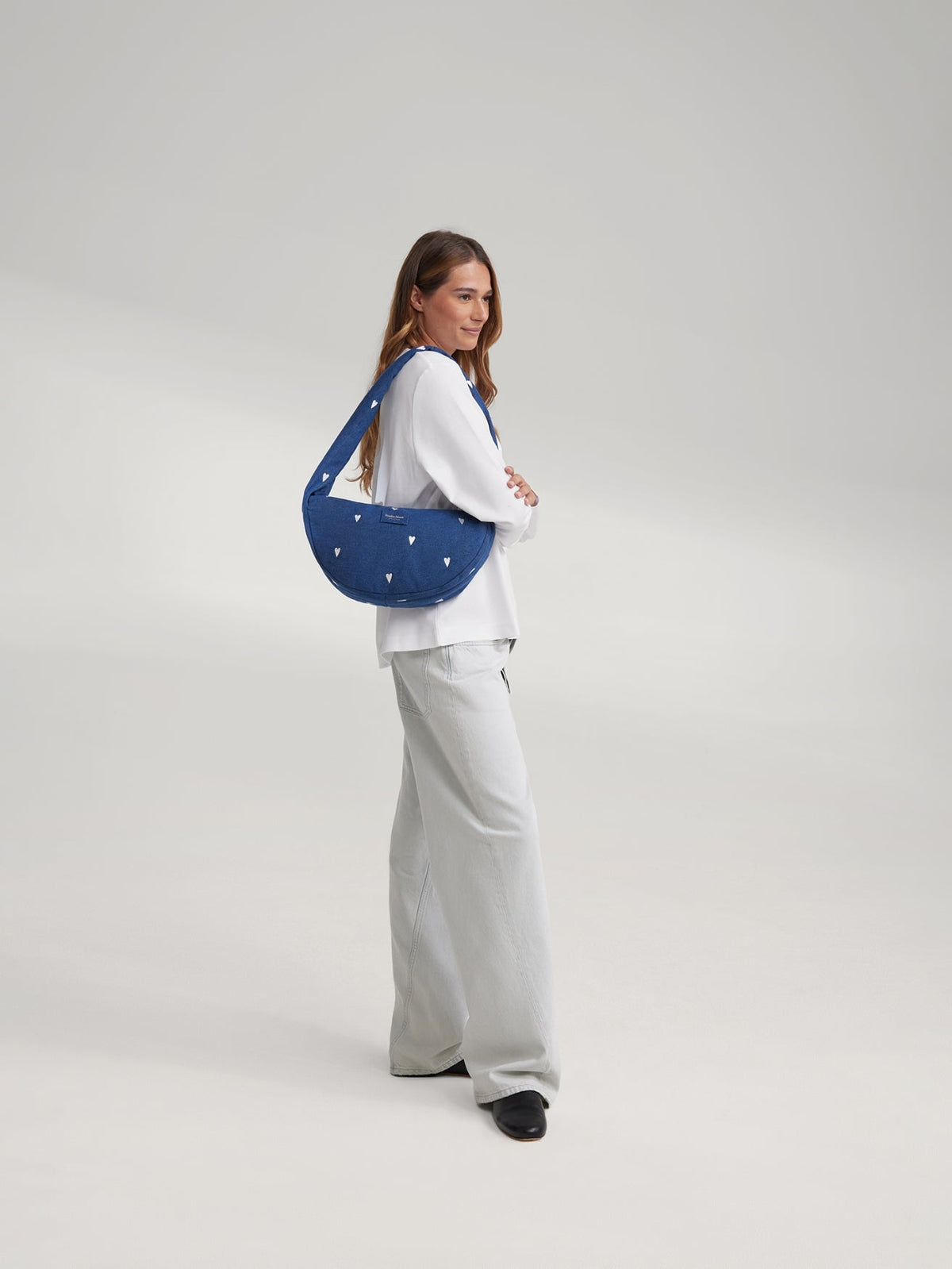 Denim Mini Cross Body Bag | Dark Blue White Hearts