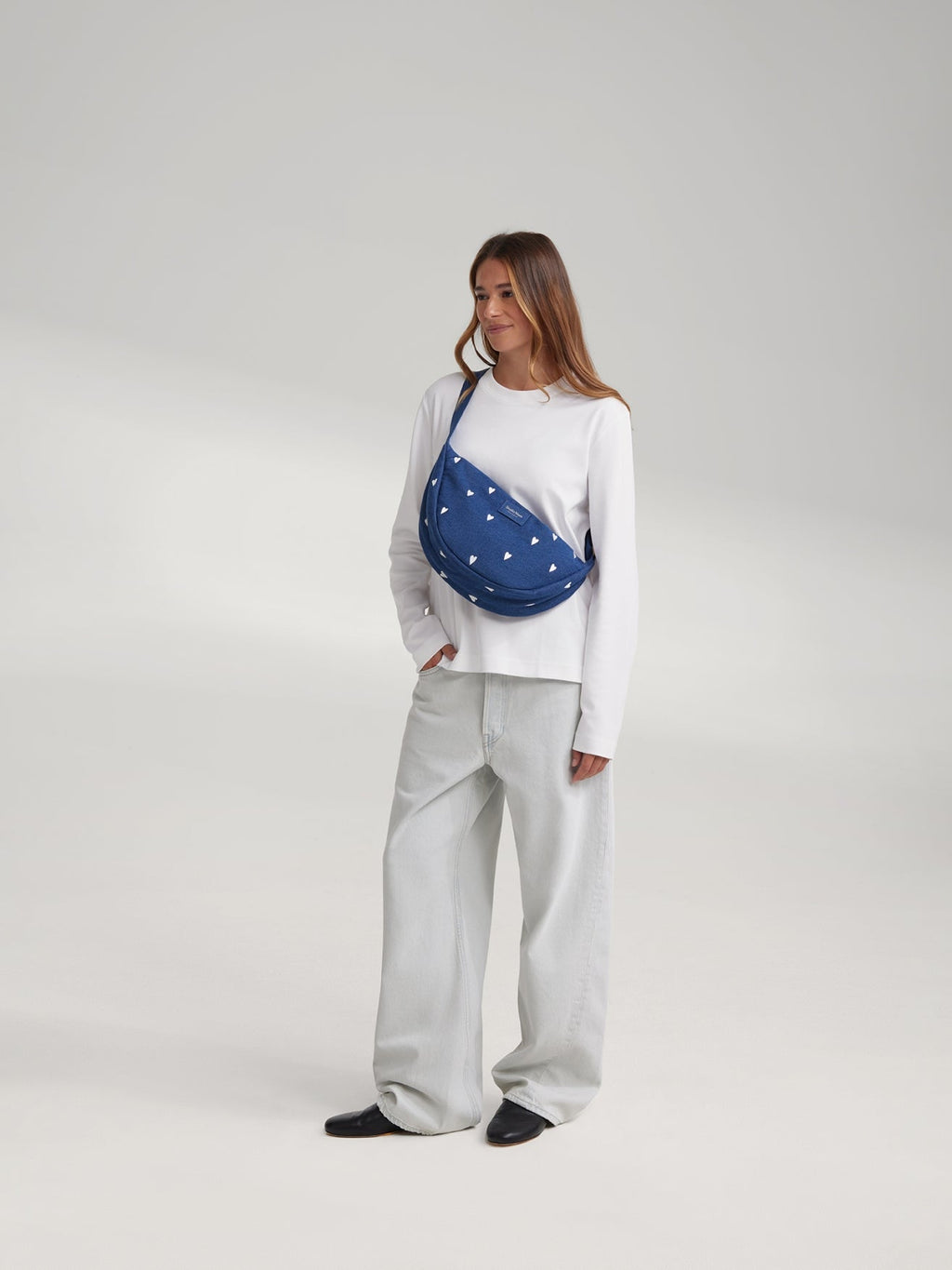 Denim Adult Fanny Pack | Dark Blue White Hearts