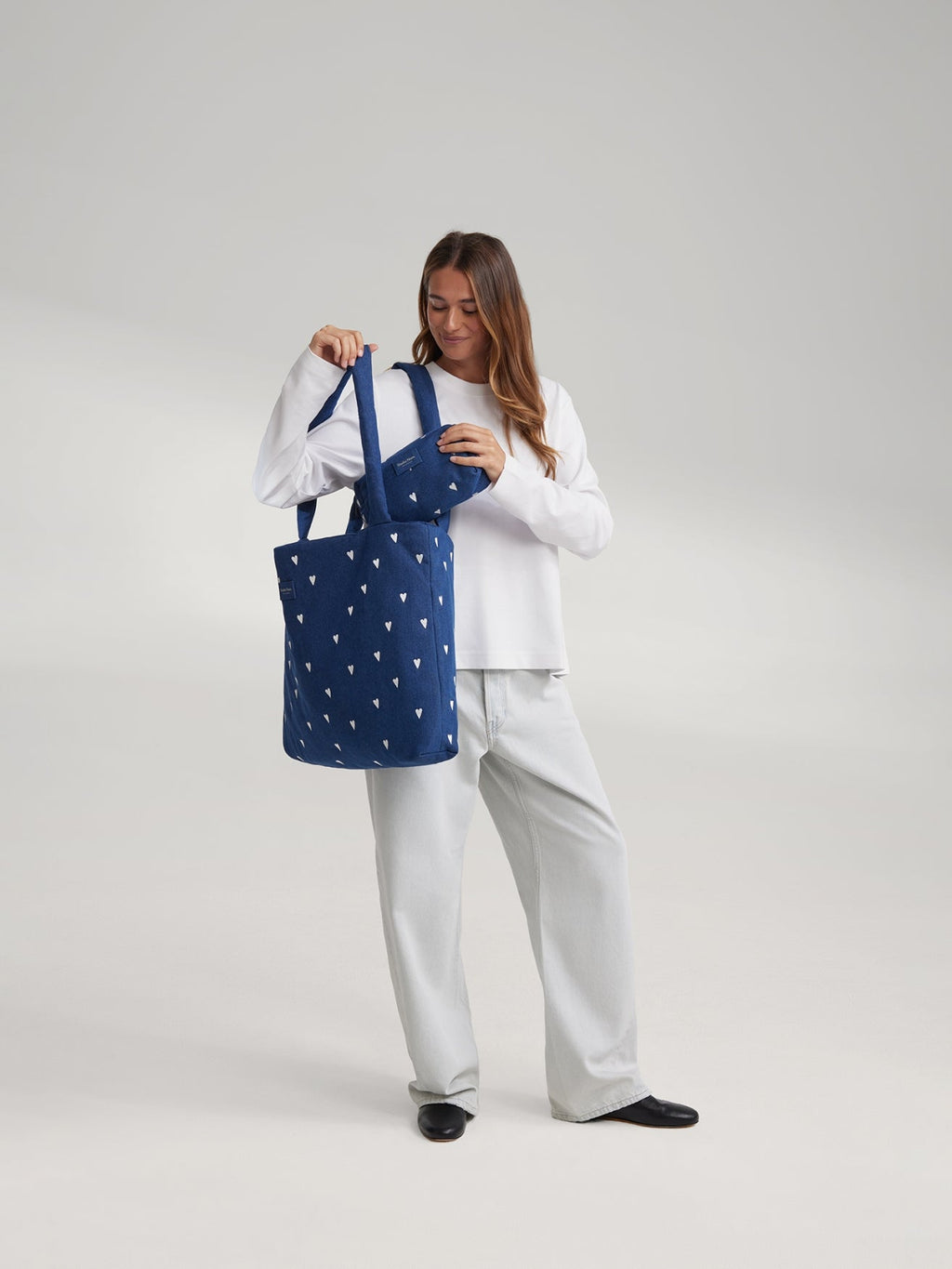 Denim Pouch | Dark Blue White Hearts