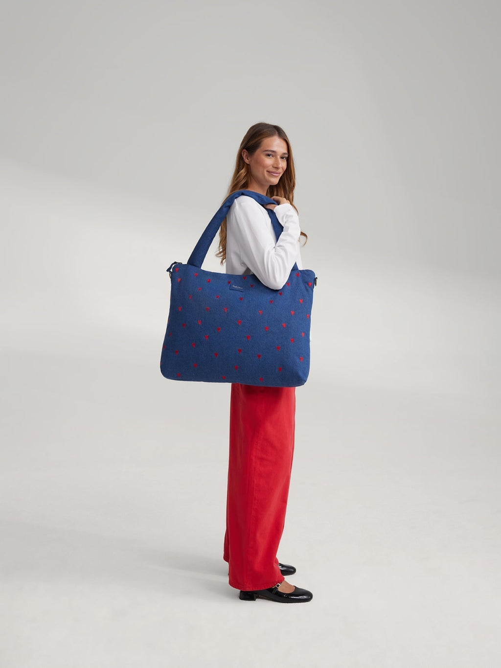 Denim Diaper Bag | Dark Blue Red Hearts