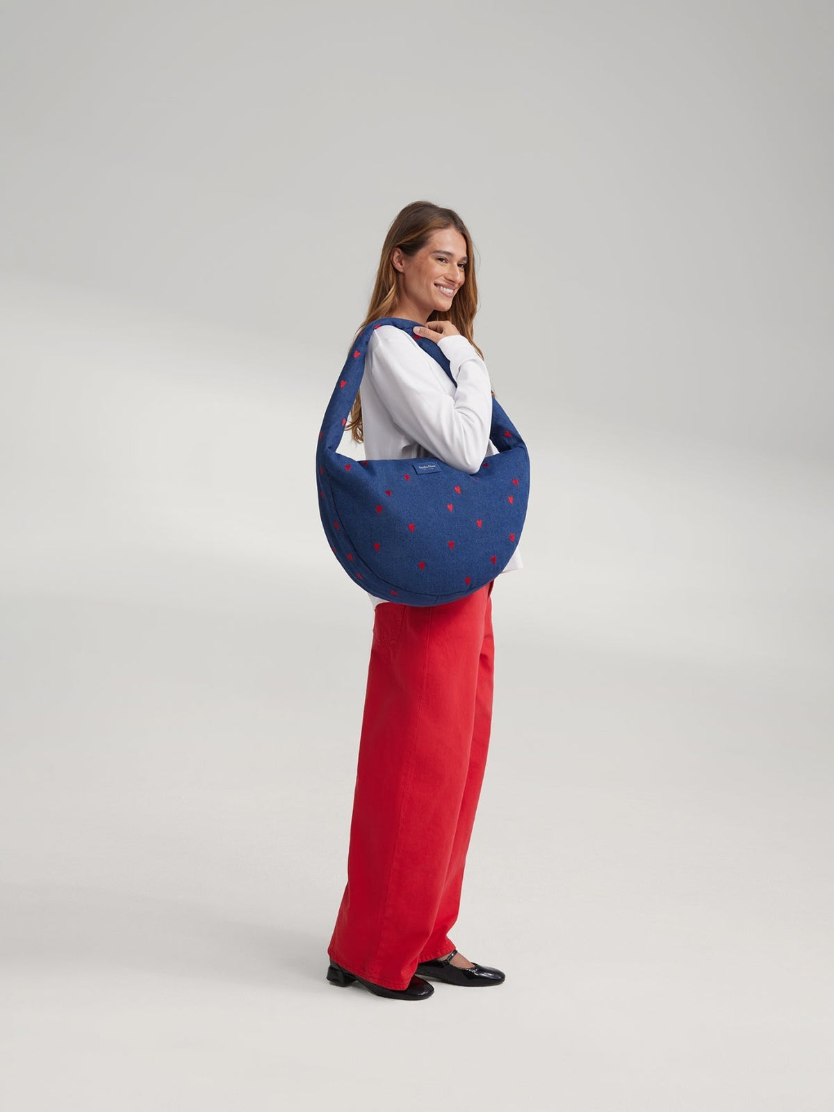 Denim Cross Body Bag | Dark Blue Red Hearts