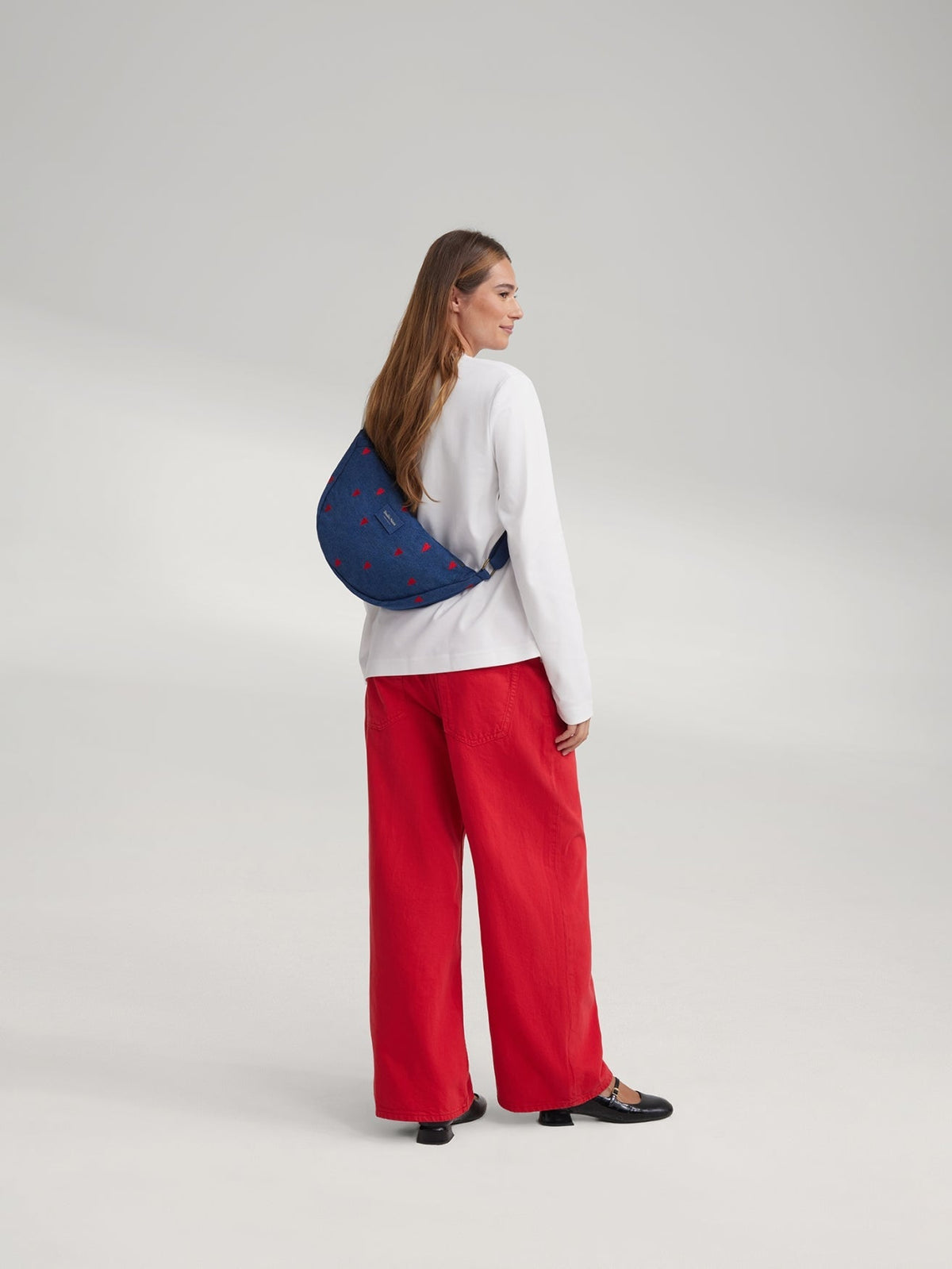 Denim Adult Fanny Pack | Dark Blue Red Hearts