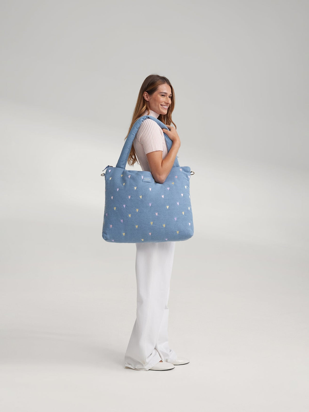 Denim Diaper Bag | Light Blue Hearts