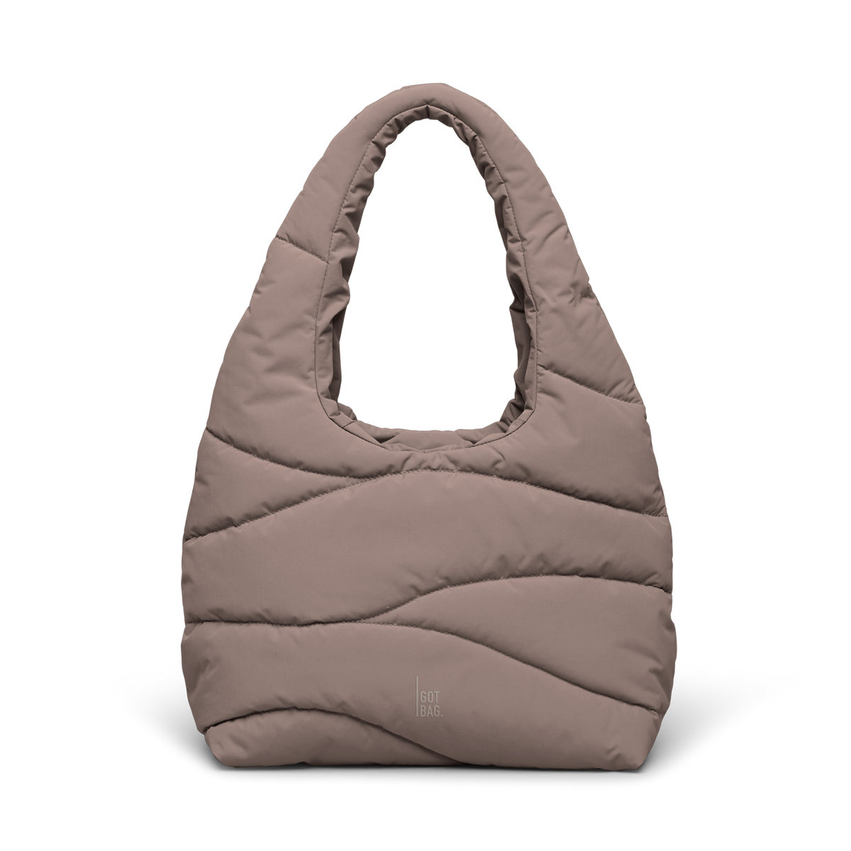 WAVY PUFFER SHOULDER BAG Tasche in oyster (klassisches Taupe-Braun) als Studioaufnahme in Frontansicht.