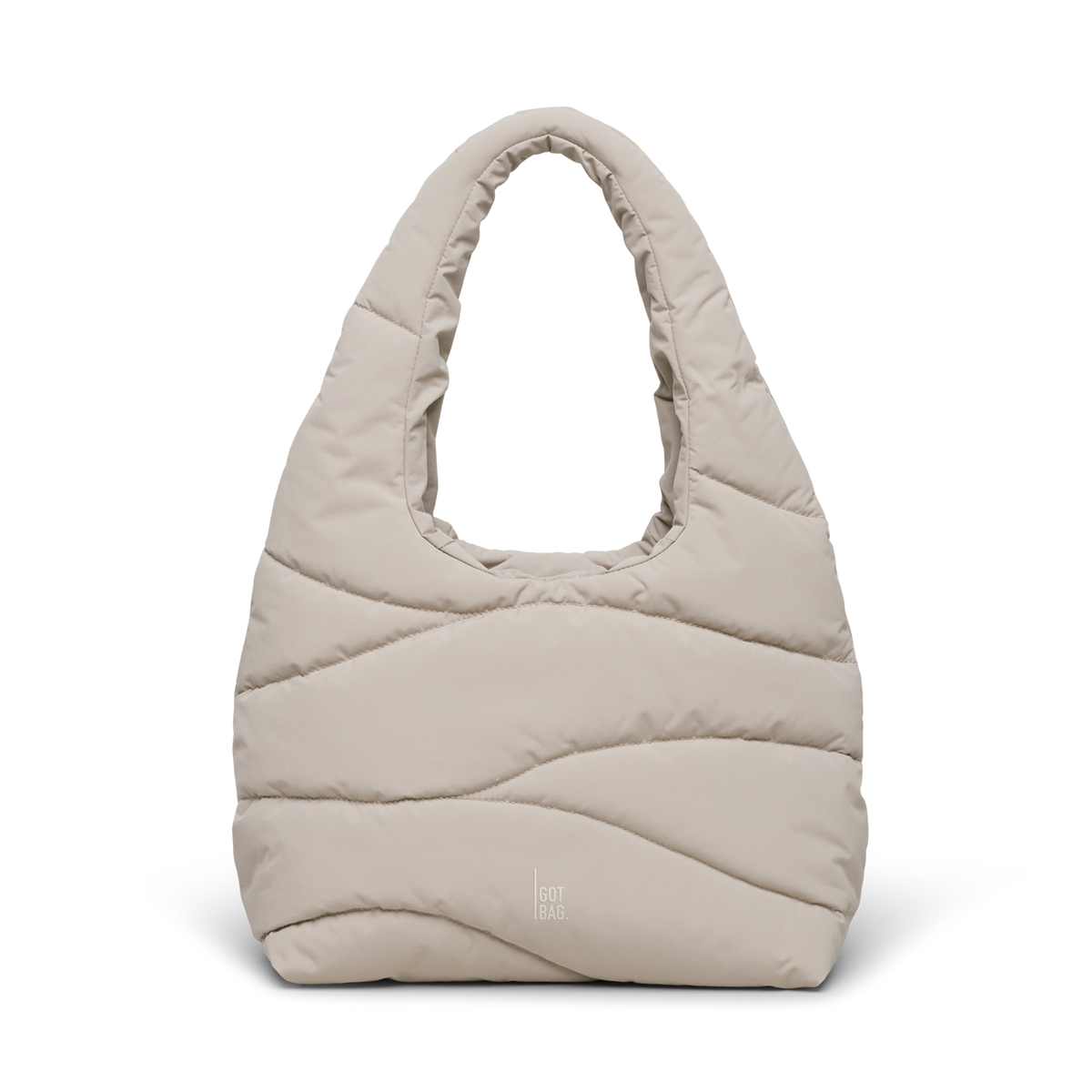 WAVY PUFFER SHOULDER BAG Tasche in scallop (helles Beige) als Studioaufnahme in Frontansicht.